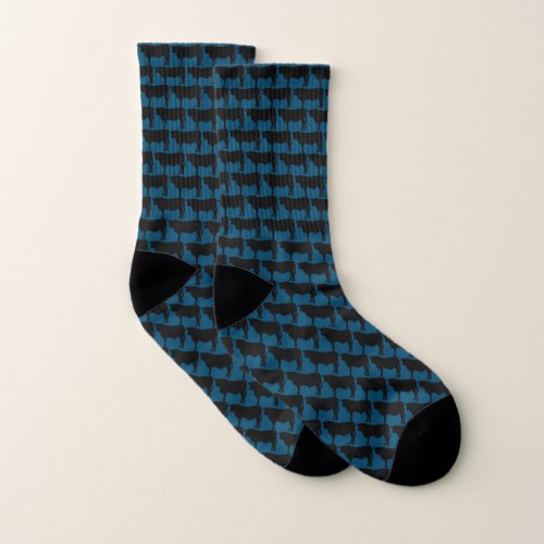 Black Angus Bull Pattern on Blue Socks