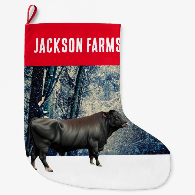 Black Angus Bull Winter Large Christmas Stocking (Front)