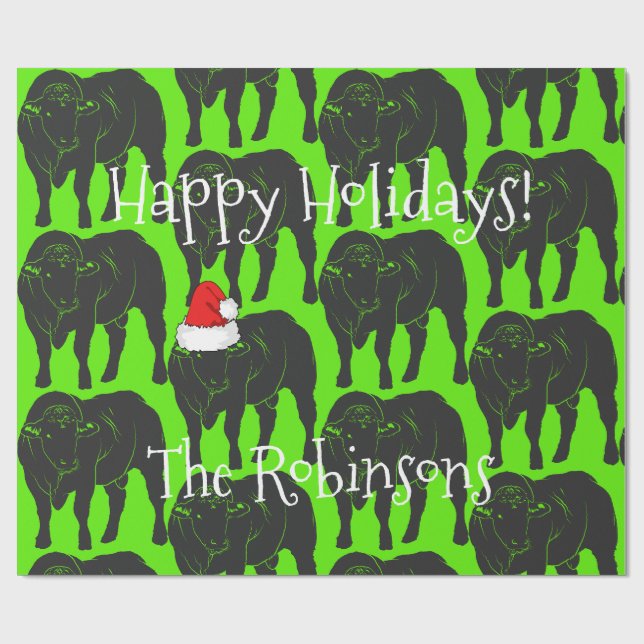 Black Angus Bulls & Red Santa Hat Christmas Wrapping Paper (Flat)