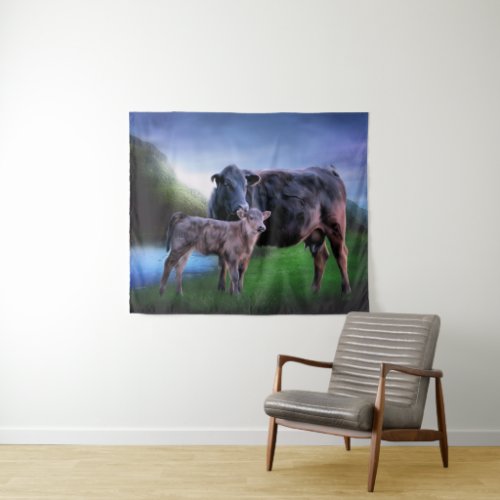 Black Angus Cow and Calf Tapestry