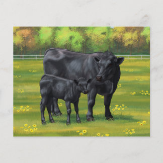 Black Angus Cow & Cute Calf in Summer Pasture