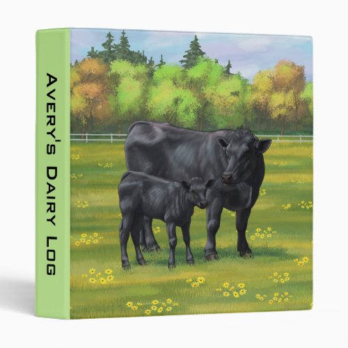 Black Angus Cow  Cute Calf in Summer Pasture 3 Ring Binder