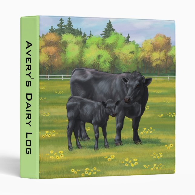 Black Angus Cow & Cute Calf in Summer Pasture 3 Ring Binder (Front/Spine)