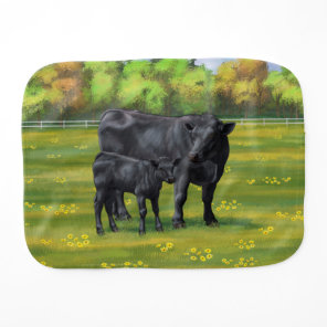 Black Angus Cow & Cute Calf in Summer Pasture Baby Burp Cloth