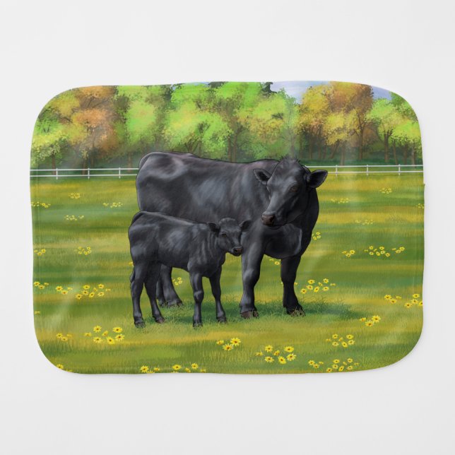 Black Angus Cow & Cute Calf in Summer Pasture Baby Burp Cloth (Front Horizontal)
