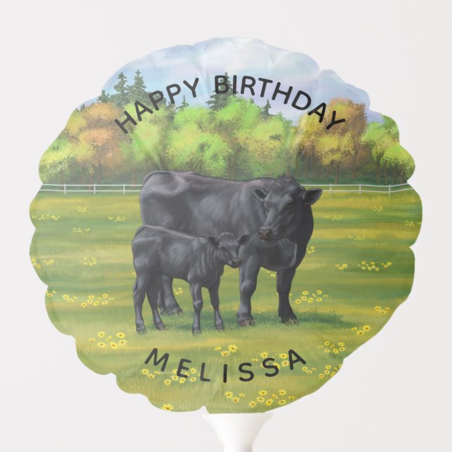 Black Angus Cow & Cute Calf in Summer Pasture Balloon (Front)