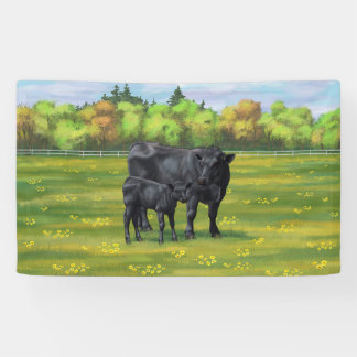 Black Angus Cow & Cute Calf in Summer Pasture Banner