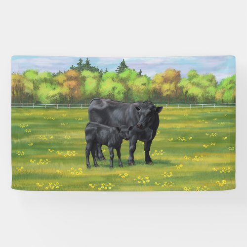 Black Angus Cow  Cute Calf in Summer Pasture Banner