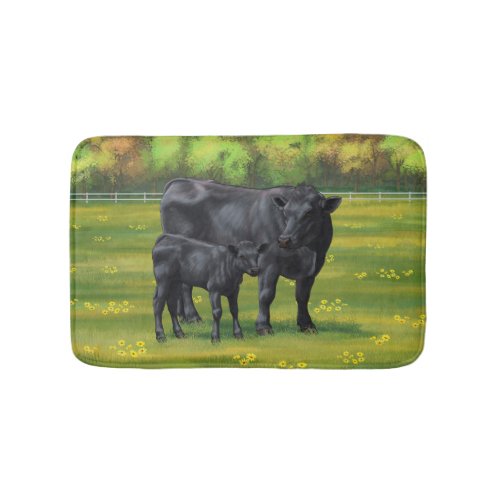 Black Angus Cow  Cute Calf in Summer Pasture Bath Mat