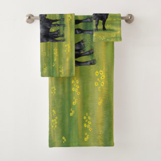 Black Angus Cow & Cute Calf in Summer Pasture Bath Towel Set