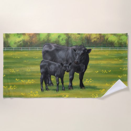 Black Angus Cow  Cute Calf in Summer Pasture Beach Towel