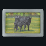 Black Angus Cow & Cute Calf in Summer Pasture Belt Buckle<br><div class="desc">The Black Angus is a Scottish breed of beef cattle that originated from cattle breeds native to Aberdeen, Banff, Kincardine, and Angus in north-eastern Scotland. Their color is always solid black, and they do not have horns. It is a small, stocky breed that is popular for its ruggedness and high...</div>