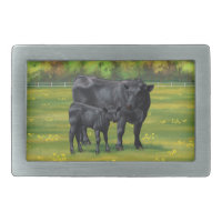 Black Angus Cow & Cute Calf in Summer Pasture