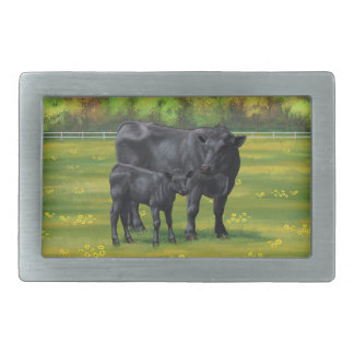Black Angus Cow & Cute Calf in Summer Pasture Belt Buckle