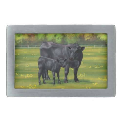 Black Angus Cow  Cute Calf in Summer Pasture Belt Buckle