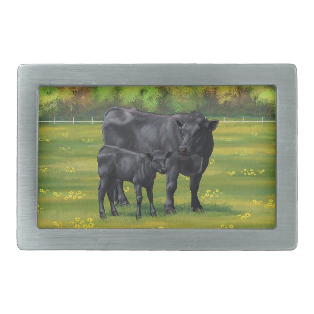 Black Angus Cow & Cute Calf in Summer Pasture Belt Buckle (Front)