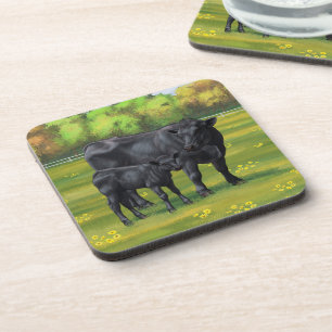 Black Angus Cow & Cute Calf in Summer Pasture Beverage Coaster