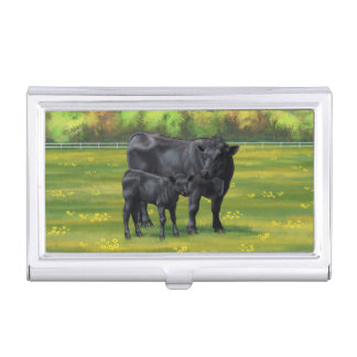 Black Angus Cow & Cute Calf in Summer Pasture Business Card Case