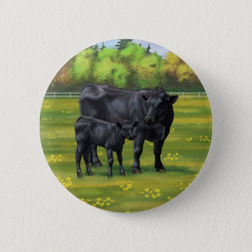Black Angus Cow  Cute Calf in Summer Pasture Button