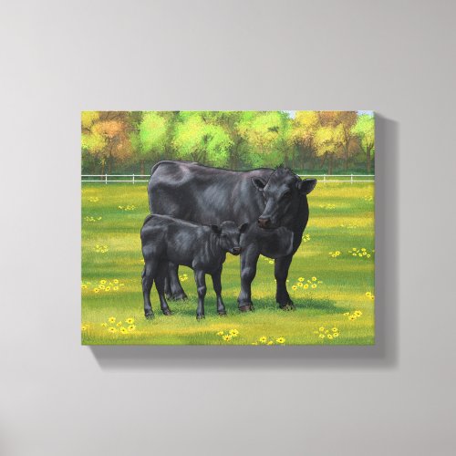 Black Angus Cow  Cute Calf in Summer Pasture Canvas Print