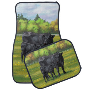 Black Angus Cow & Cute Calf in Summer Pasture Car Floor Mat