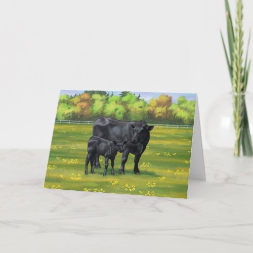 Black Angus Cow  Cute Calf in Summer Pasture Card