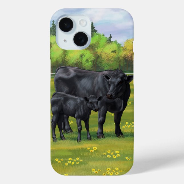 Black Angus Cow & Cute Calf in Summer Pasture Case-Mate iPhone Case (Back)