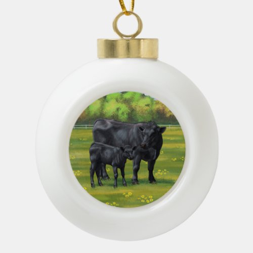 Black Angus Cow  Cute Calf in Summer Pasture Ceramic Ball Christmas Ornament