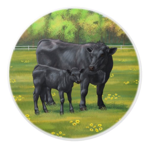 Black Angus Cow  Cute Calf in Summer Pasture Ceramic Knob