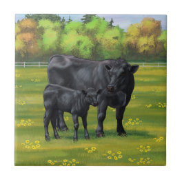 Black Angus Cow & Cute Calf in Summer Pasture Ceramic Tile