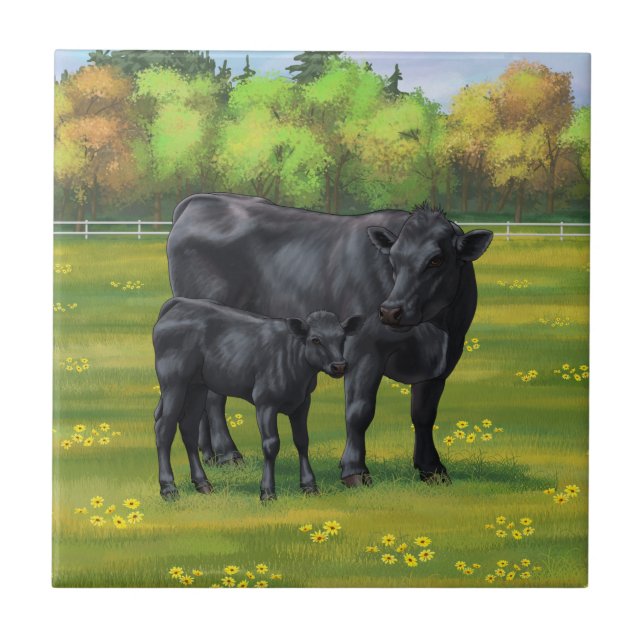 Black Angus Cow & Cute Calf in Summer Pasture Ceramic Tile (Front)