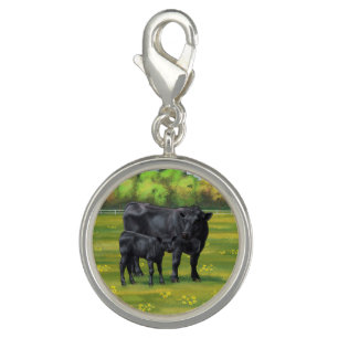 Black Angus Cow & Cute Calf in Summer Pasture Charm