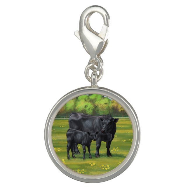 Black Angus Cow & Cute Calf in Summer Pasture Charm (Front)