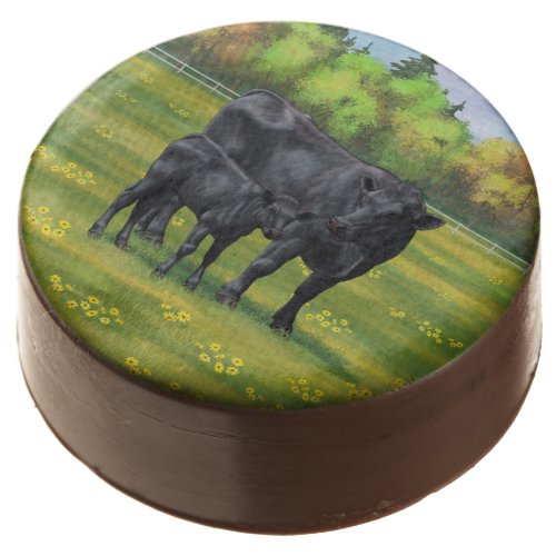 Black Angus Cow  Cute Calf in Summer Pasture Chocolate Covered Oreo