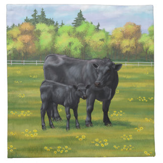 Black Angus Cow & Cute Calf in Summer Pasture Cloth Napkin