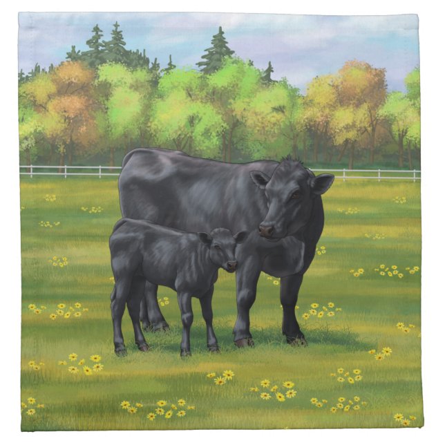 Black Angus Cow & Cute Calf in Summer Pasture Cloth Napkin (Front)