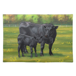 Black Angus Cow & Cute Calf in Summer Pasture Cloth Placemat