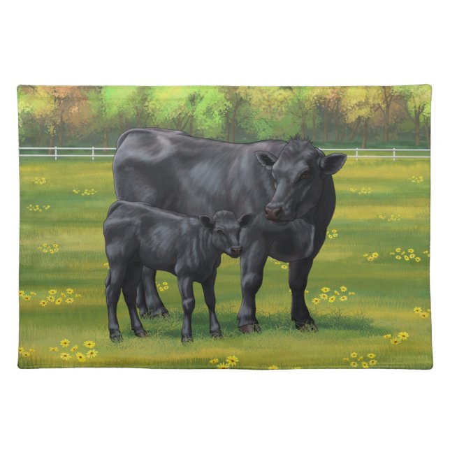 Black Angus Cow & Cute Calf in Summer Pasture Cloth Placemat (Front)