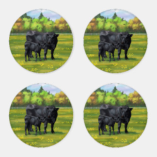 Black Angus Cow & Cute Calf in Summer Pasture Coaster Set