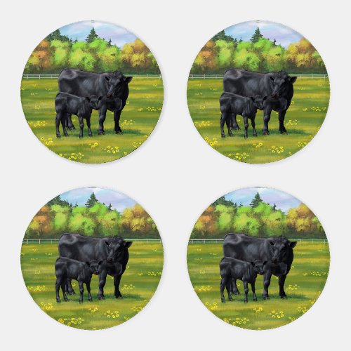 Black Angus Cow  Cute Calf in Summer Pasture Coaster Set