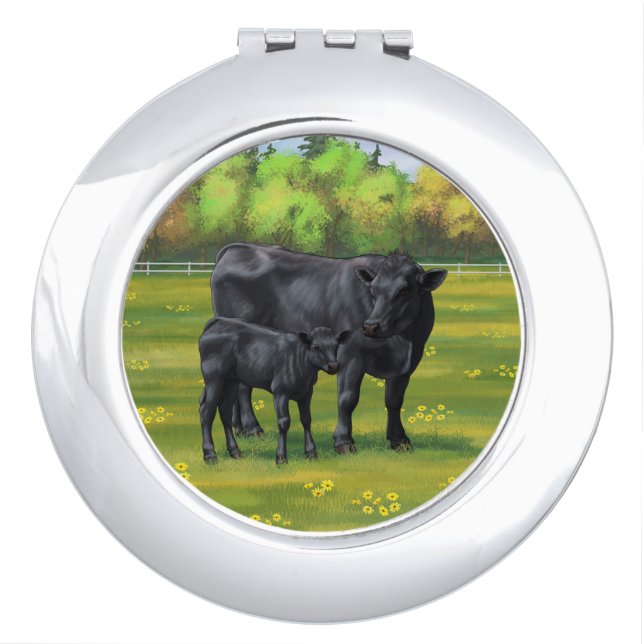 Black Angus Cow & Cute Calf in Summer Pasture Compact Mirror (Front)