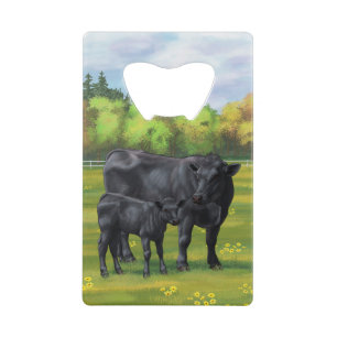 Black Angus Cow & Cute Calf in Summer Pasture Credit Card Bottle Opener