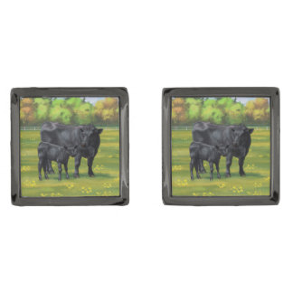 Black Angus Cow & Cute Calf in Summer Pasture Cufflinks