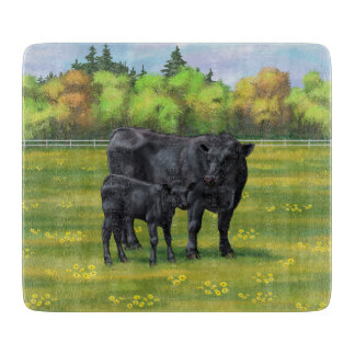 Black Angus Cow & Cute Calf in Summer Pasture Cutting Board