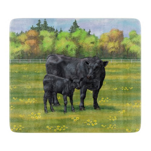 Black Angus Cow  Cute Calf in Summer Pasture Cutting Board