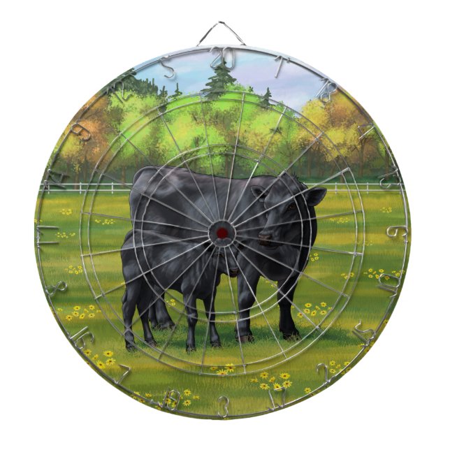 Black Angus Cow & Cute Calf in Summer Pasture Dart Board (Front)