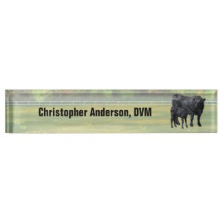Black Angus Cow & Cute Calf in Summer Pasture Desk Name Plate