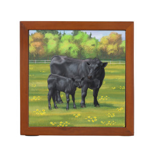 Black Angus Cow & Cute Calf in Summer Pasture Desk Organizer
