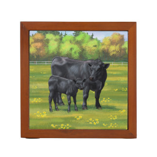 Black Angus Cow & Cute Calf in Summer Pasture Desk Organizer
