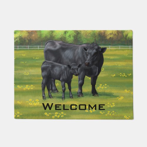 Black Angus Cow  Cute Calf in Summer Pasture Doormat
